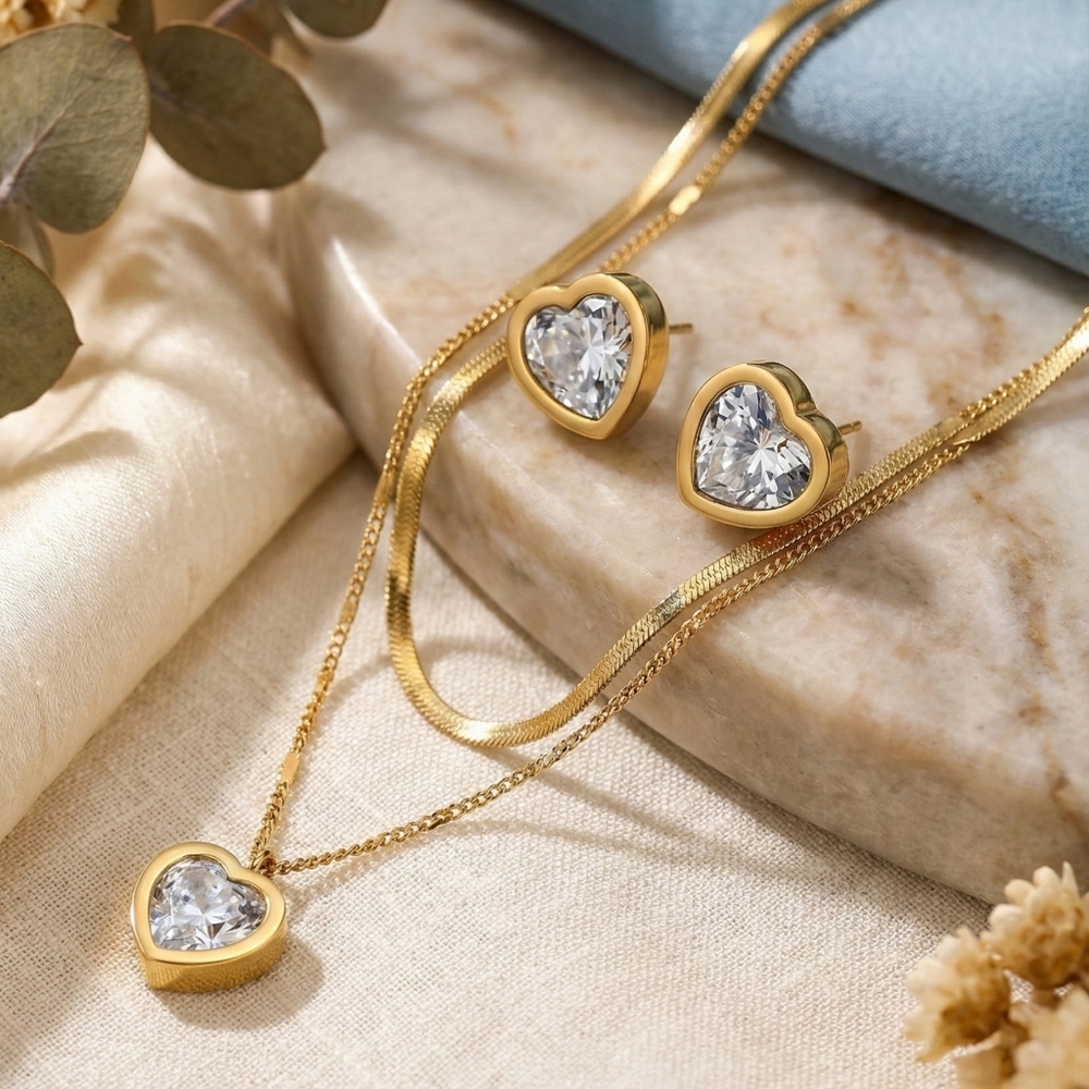 Minimalist Chic Heart Jewelry Set Gold Plated Stainless Steel Necklace Earrings